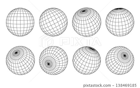 3d geometric circle sphere wireframe set for abstract digital and background shape concept. Round black lines for design element and network technology ball idea. 3d modern dot science art. 138469185