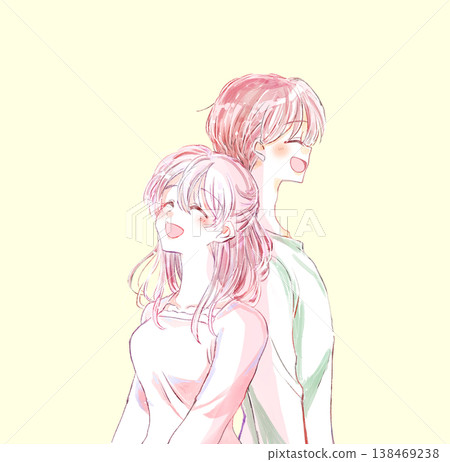 A man and a woman smiling, back to back. 138469238