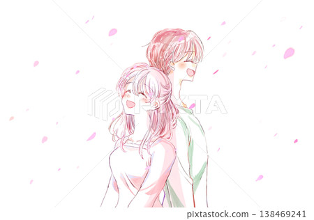 A man and a woman, smiling, stand back to back, amidst a flurry of cherry blossoms. 138469241