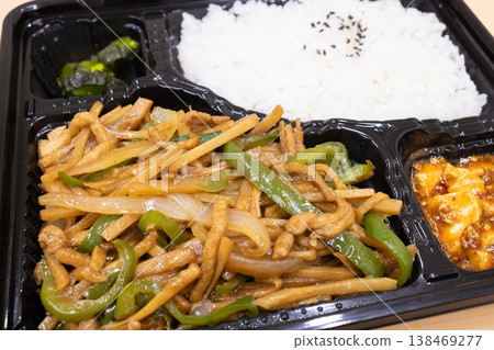Delicious Chinese bento box with green pepper and shredded pork Delicious Chinese bento box with green pepper and shredded pork 138469277