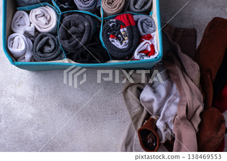 Decluttering concept. Organizing sock storage 138469553
