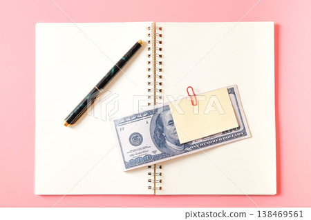 Yellow paper note clip on US Bank note business concept. Yellow paper note clip on US Bank note business concept. 138469561