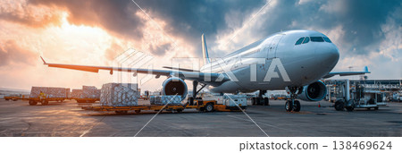 An airplane is at an airport being loaded with cargo using an autoloader. Workers are managing freight tasks as the sun sets in the background, creating a busy scene 138469624