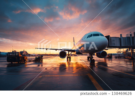 A plane arrives at the airport as the sun sets. The sky shows colors of orange and purple. Lights are on at the terminal and other planes are parked nearby A plane arrives at the airport as the sun sets. The sky shows colors of orange and purple. Lights are on at the terminal and other planes are parked nearby 138469626