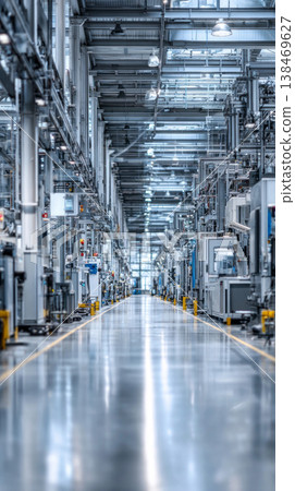 A clean and modern factory hall features interconnected machines and automated workflows. The space is designed for efficient production with a focus on technology and automation A clean and modern factory hall features interconnected machines and automated workflows. The space is designed for efficient production with a focus on technology and automation 138469627