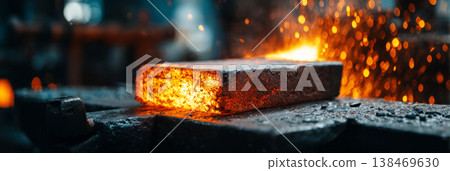 A glowing hot steel billet sits on a heavy anvil in a metal forging workshop. Bright sparks fly around as the heat fills the space. The scene shows metalwork in action A glowing hot steel billet sits on a heavy anvil in a metal forging workshop. Bright sparks fly around as the heat fills the space. The scene shows metalwork in action 138469630