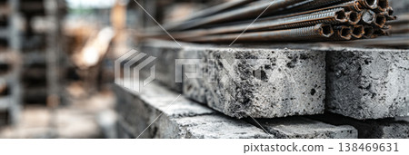 Workers prepare for construction as concrete blocks and metal reinforcement bars sit stacked. The site shows signs of activity with tools and materials nearby Workers prepare for construction as concrete blocks and metal reinforcement bars sit stacked. The site shows signs of activity with tools and materials nearby 138469631
