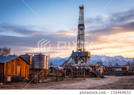 A drilling rig stands tall in a rural area with surrounding outbuildings and tanks. The sky is clear, showing a typical workday in oil or natural gas extraction A drilling rig stands tall in a rural area with surrounding outbuildings and tanks. The sky is clear, showing a typical workday in oil or natural gas extraction 138469632