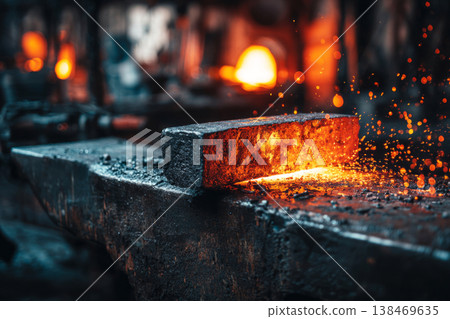 A glowing hot steel billet sits on a heavy anvil in a metal forging workshop. Bright sparks fly around as the heat fills the space. The scene shows metalwork in action A glowing hot steel billet sits on a heavy anvil in a metal forging workshop. Bright sparks fly around as the heat fills the space. The scene shows metalwork in action 138469635