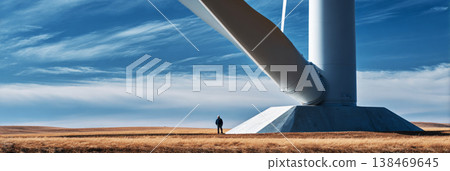 A technician works near the base of a wind turbine in an open field. The technician climbs the tower for maintenance while the sky is clear with some clouds A technician works near the base of a wind turbine in an open field. The technician climbs the tower for maintenance while the sky is clear with some clouds 138469645