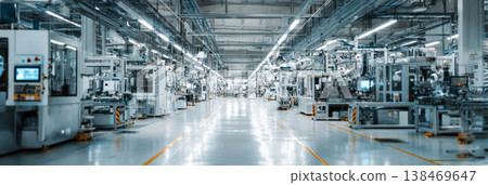 A clean and modern factory hall features interconnected machines and automated workflows. The space is designed for efficient production with a focus on technology and automation A clean and modern factory hall features interconnected machines and automated workflows. The space is designed for efficient production with a focus on technology and automation 138469647