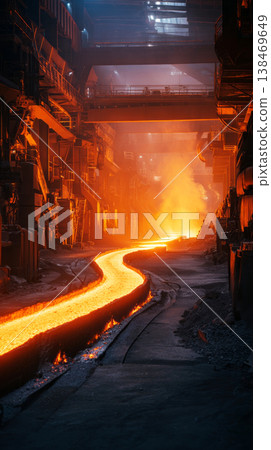 Molten steel is pouring from a blast furnace into a channel for casting. The scene shows the interior of a steel mill at night. Bright orange and yellow glow fills the area Molten steel is pouring from a blast furnace into a channel for casting. The scene shows the interior of a steel mill at night. Bright orange and yellow glow fills the area 138469649