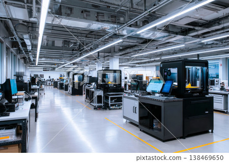 In a large lab, multiple 3D printers are in operation. Each printer is busy creating objects. Tables hold materials and tools. Bright lights highlight the workspace 138469650