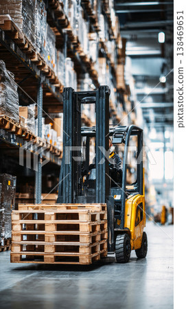 A worker maneuvers a forklift carrying two stacked empty wooden pallets through an aisle in a wide distribution center A worker maneuvers a forklift carrying two stacked empty wooden pallets through an aisle in a wide distribution center 138469651