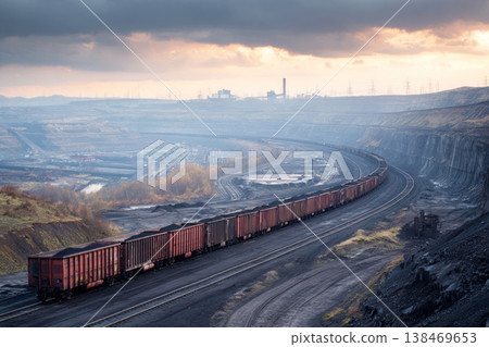 Coal mine shows a large spoil tip with rail cars positioned along the tracks. The scene features machinery and mining activity in the background with a cloudy sky Coal mine shows a large spoil tip with rail cars positioned along the tracks. The scene features machinery and mining activity in the background with a cloudy sky 138469653