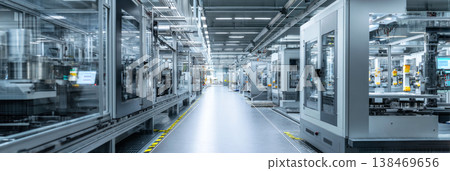 Automated production lines in a modern battery manufacturing facility assemble battery cells 138469656