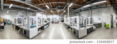 In a large lab, multiple 3D printers are in operation. Each printer is busy creating objects. Tables hold materials and tools. Bright lights highlight the workspace 138469657