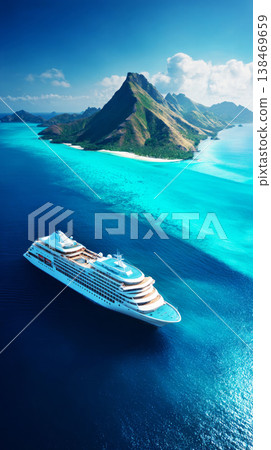 A large passenger cruise ship moves through clear blue water. The scene shows a sunny day with fluffy clouds in the sky and a tropical backdrop near the shore A large passenger cruise ship moves through clear blue water. The scene shows a sunny day with fluffy clouds in the sky and a tropical backdrop near the shore 138469659