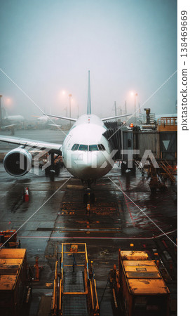 A plane arrives at the airport as the sun sets. The sky shows colors of orange and purple. Lights are on at the terminal and other planes are parked nearby A plane arrives at the airport as the sun sets. The sky shows colors of orange and purple. Lights are on at the terminal and other planes are parked nearby 138469669