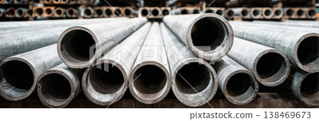 Close-up view shows large steel pipes stacked horizontally in a warehouse. These pipes are used for various industrial applications in a factory setting Close-up view shows large steel pipes stacked horizontally in a warehouse. These pipes are used for various industrial applications in a factory setting 138469673