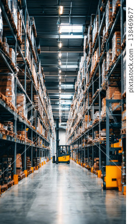 A wide view inside a modern warehouse logistics center reveals long aisles filled with neatly stacked pallets on organized shelving A wide view inside a modern warehouse logistics center reveals long aisles filled with neatly stacked pallets on organized shelving 138469677