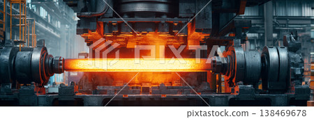 A red hot metal blank is being processed in an automated forging press. The machinery works to shape the metal as part of the production process in a factory setting A red hot metal blank is being processed in an automated forging press. The machinery works to shape the metal as part of the production process in a factory setting 138469678