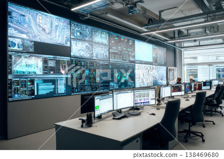 Staff members in a control room view large digital screens that display data related to supply chain operations. The room is designed for monitoring and analysis of various metrics Staff members in a control room view large digital screens that display data related to supply chain operations. The room is designed for monitoring and analysis of various metrics 138469680