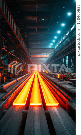 Steel is continuously cast into slabs as workers operate equipment in a large manufacturing plant in the evening. Glowing steel flows down the line in a busy process 138469683