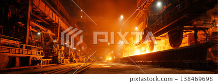 Molten steel pours from a blast furnace into a casting channel inside a steel plant. The scene shows intense heat and orange color from the flowing metal late in the day Molten steel pours from a blast furnace into a casting channel inside a steel plant. The scene shows intense heat and orange color from the flowing metal late in the day 138469698