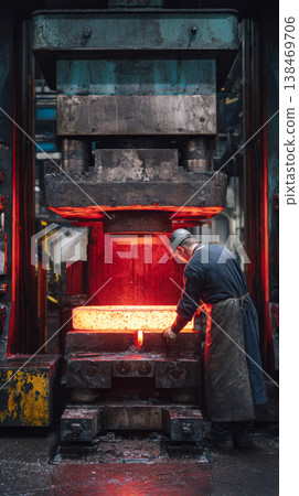 An adult industrial worker in a fire resistant apron uses a hydraulic forging press to shape a heated metal billet in a factory. The scene shows sparks and intense heat during the process An adult industrial worker in a fire resistant apron uses a hydraulic forging press to shape a heated metal billet in a factory. The scene shows sparks and intense heat during the process 138469706