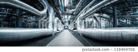 This processing plant shows a network of curved and interconnected industrial pipes. The pipes run along the floor and lead to various directions, showing an active facility 138469708