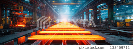 Steel is continuously cast into slabs as workers operate equipment in a large manufacturing plant in the evening. Glowing steel flows down the line in a busy process 138469711