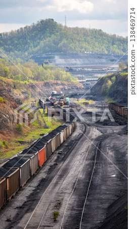Coal mine shows a large spoil tip with rail cars positioned along the tracks. The scene features machinery and mining activity in the background with a cloudy sky Coal mine shows a large spoil tip with rail cars positioned along the tracks. The scene features machinery and mining activity in the background with a cloudy sky 138469714
