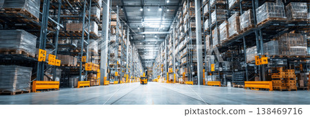 A wide view inside a modern warehouse logistics center reveals long aisles filled with neatly stacked pallets on organized shelving 138469716