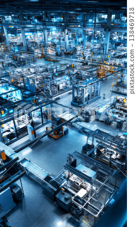 Robotic arms move along assembly lines in a factory. The production area is busy with machinery and equipment. Automation is central to the workflow in this industrial space 138469718