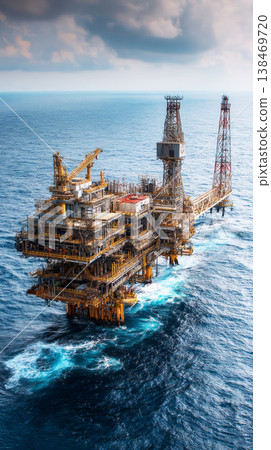 An oil platform stands tall above calm sea waters, with equipment and cranes visible. Bright sun lights up the scene, while clouds drift in the sky. The structure operates in the water 138469720