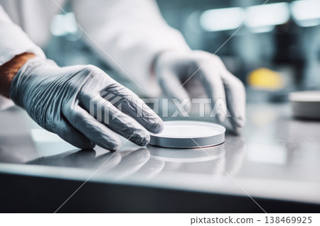 A worker wearing white gloves meticulously inspects the smooth surface of a circular product. This close-up view highlights the detailed quality control process in a manufacturing facility A worker wearing white gloves meticulously inspects the smooth surface of a circular product. This close-up view highlights the detailed quality control process in a manufacturing facility 138469925