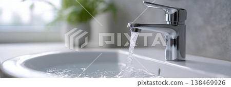 Water flows strongly from a chrome faucet into a white wash basin in a modern bathroom. Natural light enters from nearby windows illuminating the scene 138469926