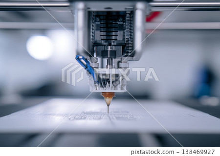 A 3D printer works in a workshop, creating a prototype object by building it layer by layer. The printer nozzle moves as materials are deposited precisely A 3D printer works in a workshop, creating a prototype object by building it layer by layer. The printer nozzle moves as materials are deposited precisely 138469927