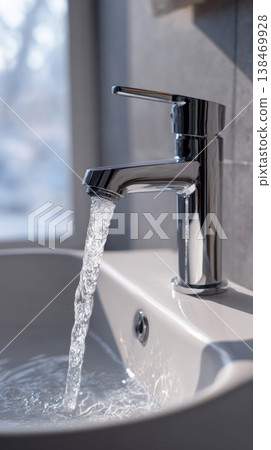 Water flows strongly from a chrome faucet into a white wash basin in a modern bathroom. Natural light enters from nearby windows illuminating the scene Water flows strongly from a chrome faucet into a white wash basin in a modern bathroom. Natural light enters from nearby windows illuminating the scene 138469928