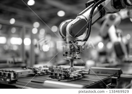 A robotic arm is working to assemble electronic components on a production line in an Industry 4.0 environment. Machines operate with advanced technology and automation A robotic arm is working to assemble electronic components on a production line in an Industry 4.0 environment. Machines operate with advanced technology and automation 138469929