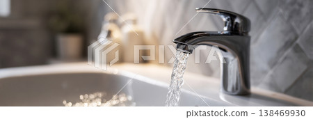 Water flows strongly from a chrome faucet into a white ceramic wash basin in a modern bathroom. The bright space highlights the cleanliness of the setting Water flows strongly from a chrome faucet into a white ceramic wash basin in a modern bathroom. The bright space highlights the cleanliness of the setting 138469930