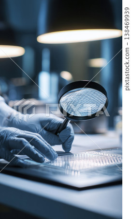 A worker wearing white gloves meticulously inspects the smooth surface of a circular product. This close-up view highlights the detailed quality control process in a manufacturing facility A worker wearing white gloves meticulously inspects the smooth surface of a circular product. This close-up view highlights the detailed quality control process in a manufacturing facility 138469939