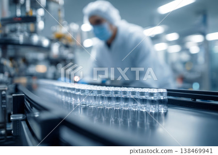 A worker checks finished products moving along a conveyor belt as part of the quality control process in a factory. The focus is on ensuring precision and detail in the work 138469941