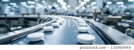 Rows of white pharmaceutical blister packs move steadily along a blue conveyor belt Rows of white pharmaceutical blister packs move steadily along a blue conveyor belt 138469949