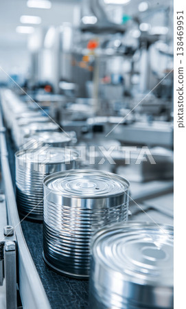 Cans move along the conveyor belt in a factory dedicated to canning food products. Workers oversee the machinery and ensure the production process runs smoothly in a busy setting Cans move along the conveyor belt in a factory dedicated to canning food products. Workers oversee the machinery and ensure the production process runs smoothly in a busy setting 138469951