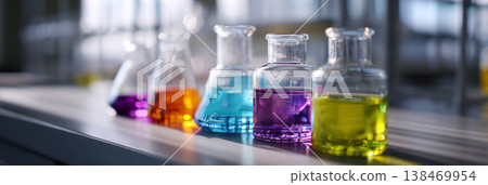 Close-up view of several containers filled with colorful chemical mixtures on a table in a laboratory. The scene shows ongoing experiments in a scientific setting Close-up view of several containers filled with colorful chemical mixtures on a table in a laboratory. The scene shows ongoing experiments in a scientific setting 138469954