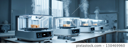 In a workshop, several 3D printers are working on creating complex parts. The machines are arranged on tables, indicating a focus on additive manufacturing technology In a workshop, several 3D printers are working on creating complex parts. The machines are arranged on tables, indicating a focus on additive manufacturing technology 138469960