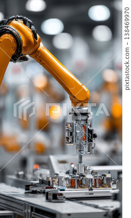 A robotic arm is working to assemble electronic components on a production line in an Industry 4.0 environment. Machines operate with advanced technology and automation A robotic arm is working to assemble electronic components on a production line in an Industry 4.0 environment. Machines operate with advanced technology and automation 138469970
