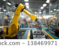 Robotic arm works to assemble components on a production line in a smart manufacturing plant. Automation and precision are key aspects of this modern factory setting 138469971